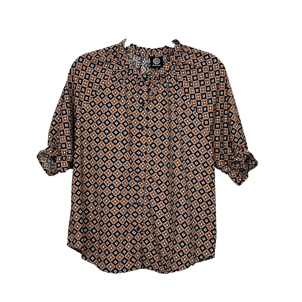 Bobeau Top Womens Medium Brown Geometric Pattern Button-Up Blouse 3/4 Sleeve